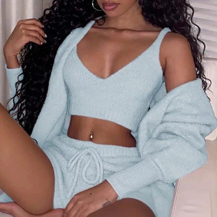 Long Sleeve Crop Tank Top And Drawstring Shorts Pyjama Set - Nemya