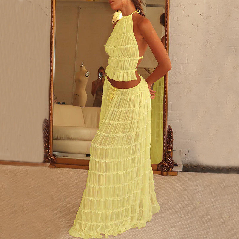 “Marbella” 2-Piece Halter Set — Backless Crop Top & Pleated Maxi Skirt - Nemya