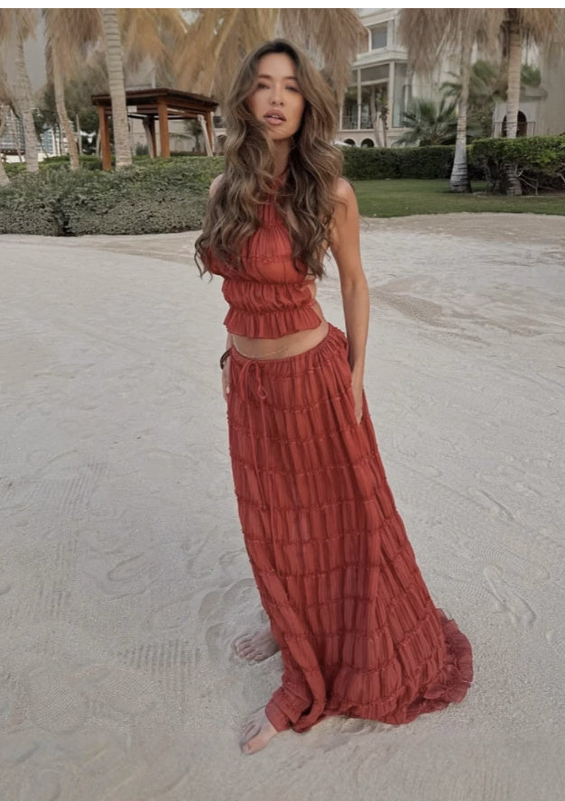 “Marbella” 2-Piece Halter Set — Backless Crop Top & Pleated Maxi Skirt - Nemya