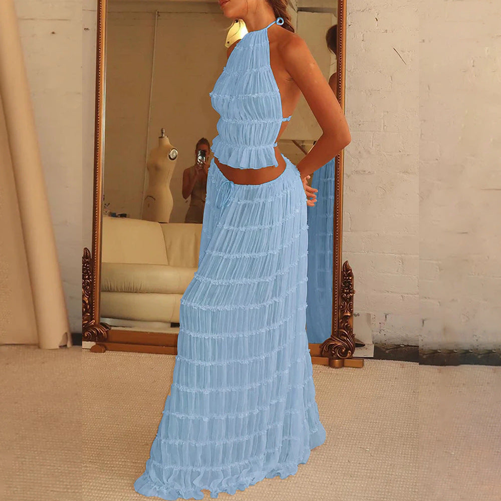 “Marbella” 2-Piece Halter Set — Backless Crop Top & Pleated Maxi Skirt - Nemya