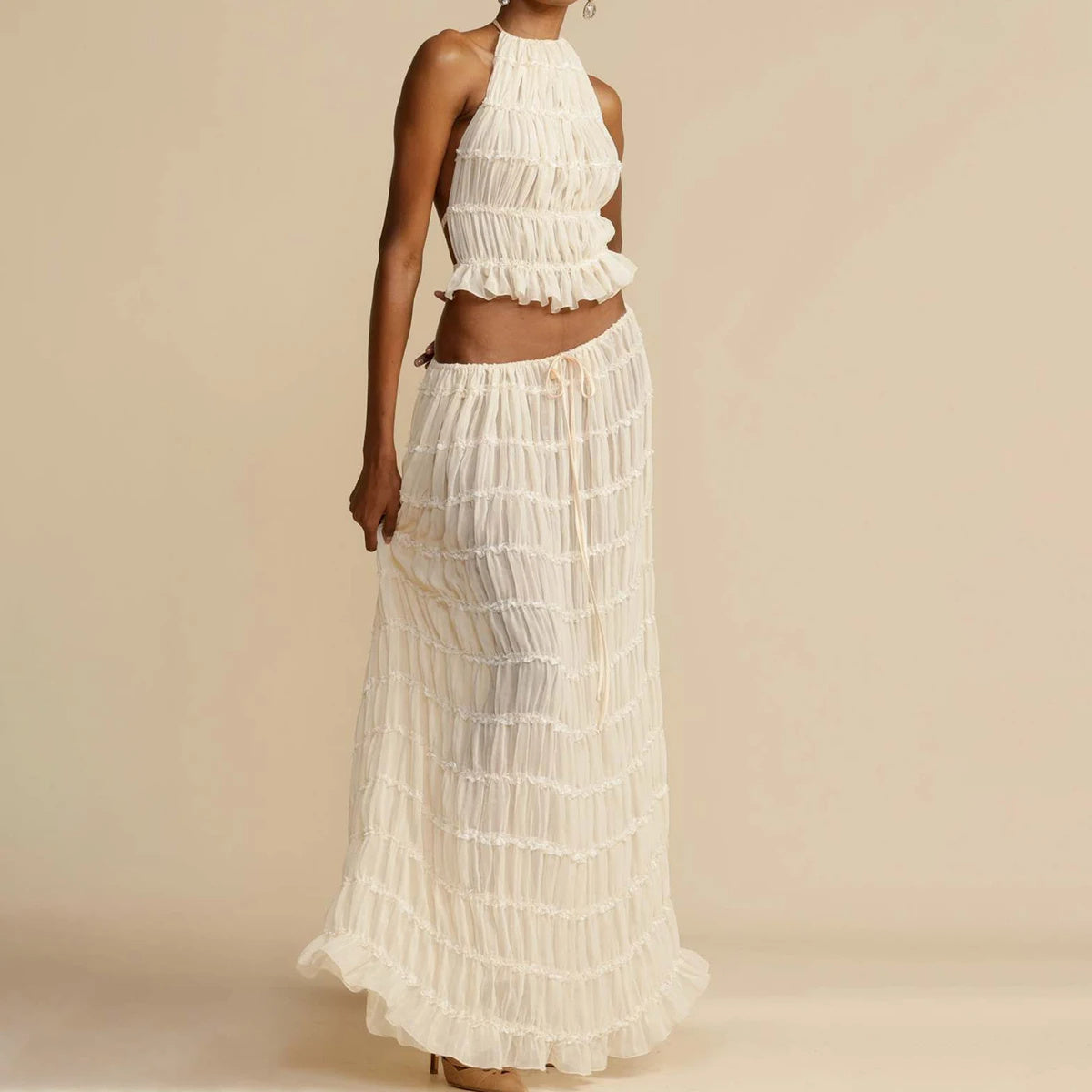 “Marbella” 2-Piece Halter Set — Backless Crop Top & Pleated Maxi Skirt - Nemya
