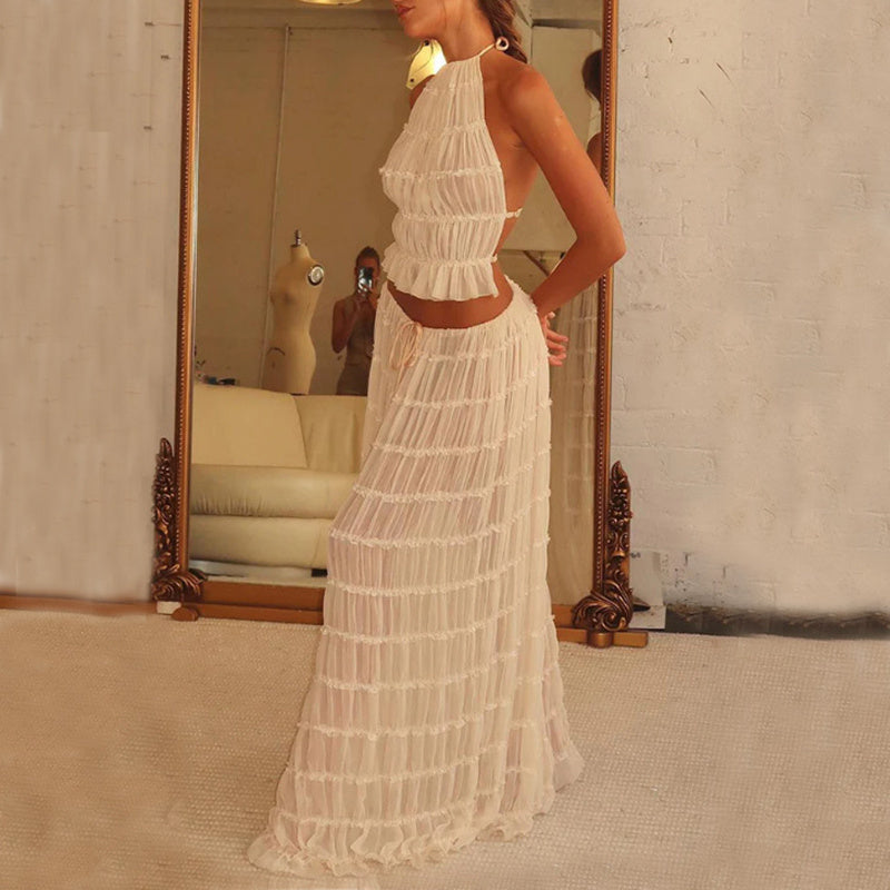 “Marbella” 2-Piece Halter Set — Backless Crop Top & Pleated Maxi Skirt - Nemya