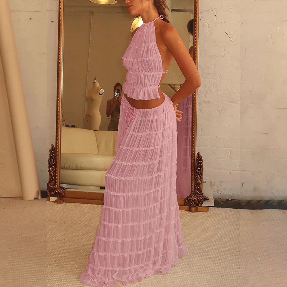 “Marbella” 2-Piece Halter Set — Backless Crop Top & Pleated Maxi Skirt - Nemya