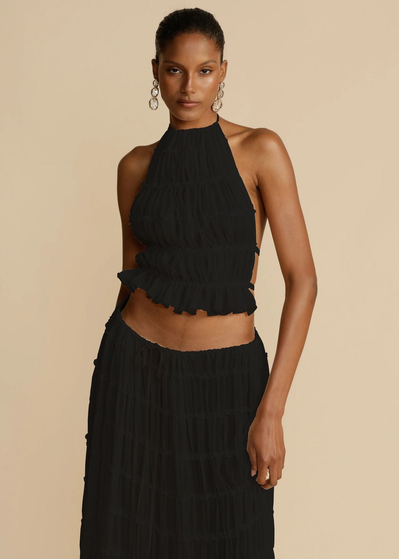 “Marbella” 2-Piece Halter Set — Backless Crop Top & Pleated Maxi Skirt - Nemya