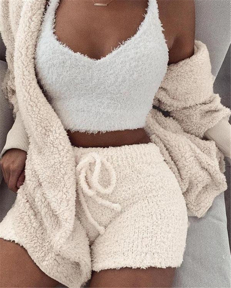 Long Sleeve Crop Tank Top And Drawstring Shorts Pyjama Set - Nemya
