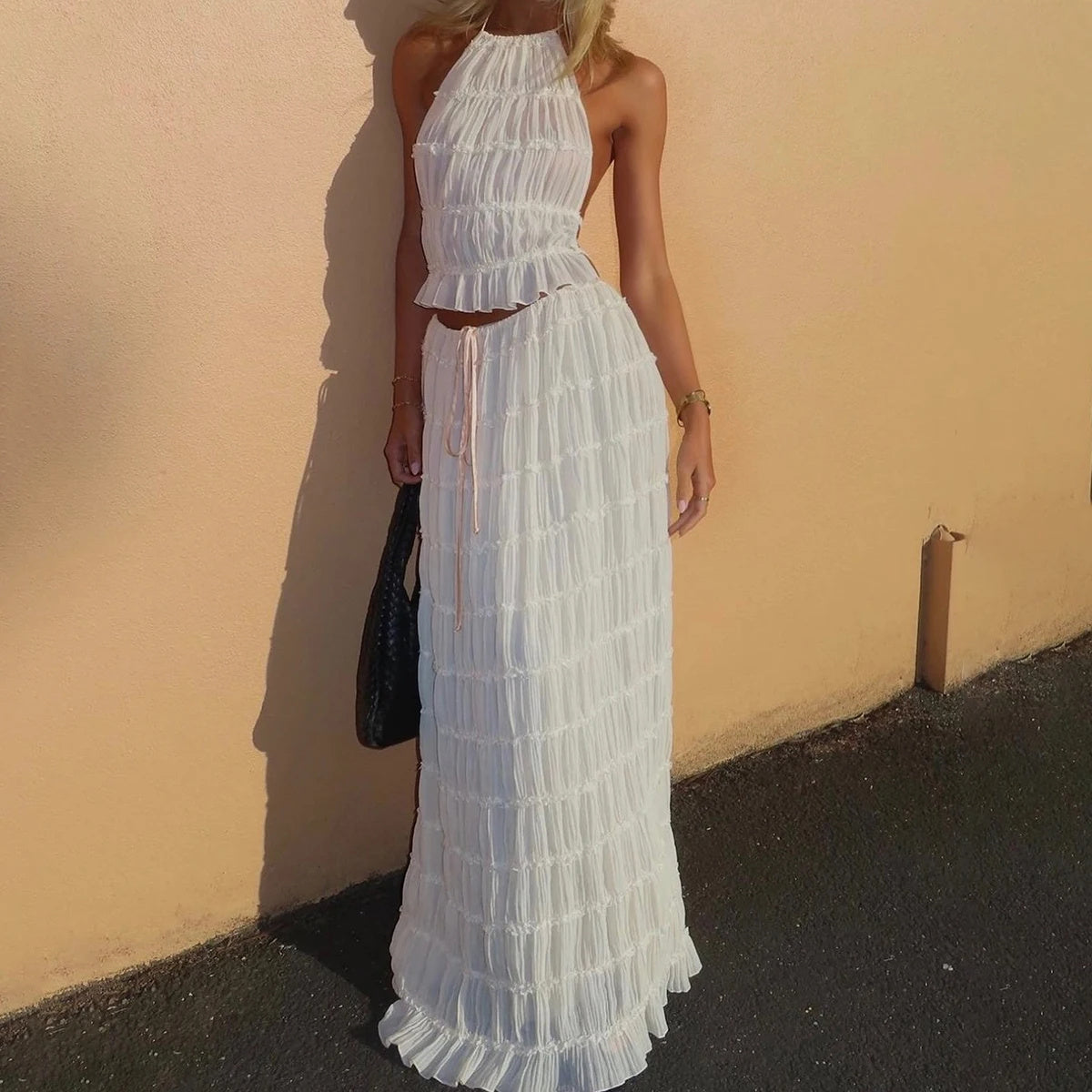 “Marbella” 2-Piece Halter Set — Backless Crop Top & Pleated Maxi Skirt - Nemya