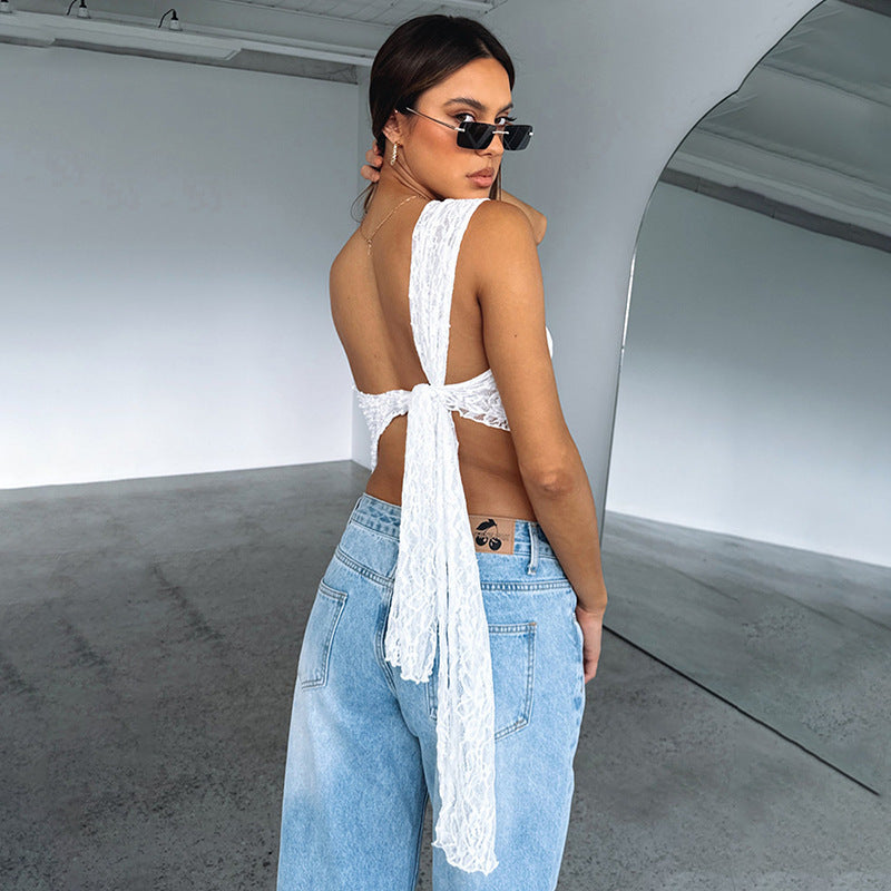 “Lunara” Asymmetrical Lace Backless Top — Contemporary Edge, Feminine Grace - Nemya