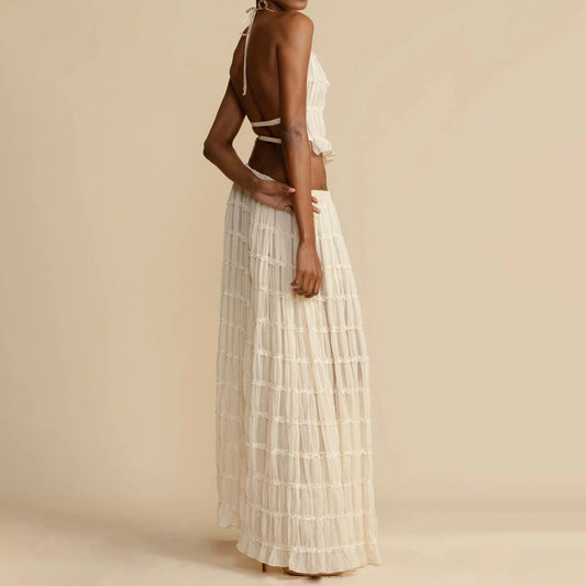 “Marbella” 2-Piece Halter Set — Backless Crop Top & Pleated Maxi Skirt - Nemya
