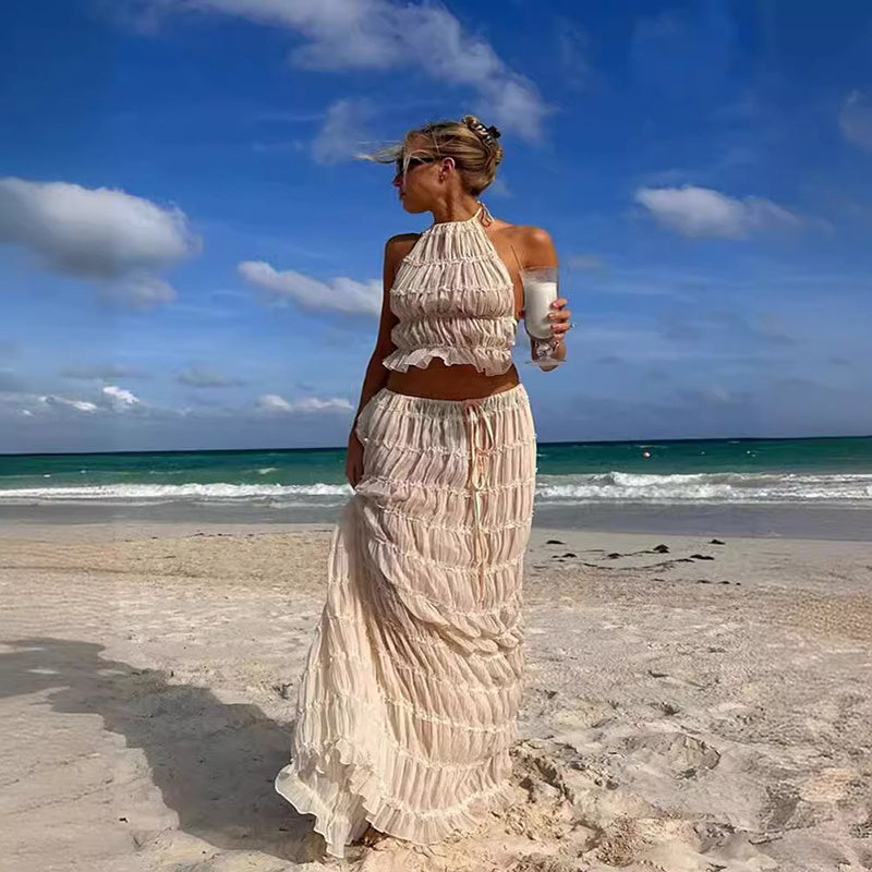 “Marbella” 2-Piece Halter Set — Backless Crop Top & Pleated Maxi Skirt - Nemya