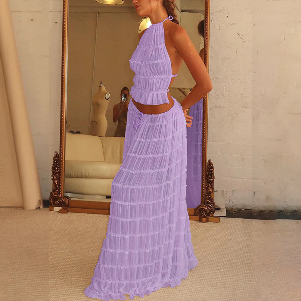 “Marbella” 2-Piece Halter Set — Backless Crop Top & Pleated Maxi Skirt - Nemya